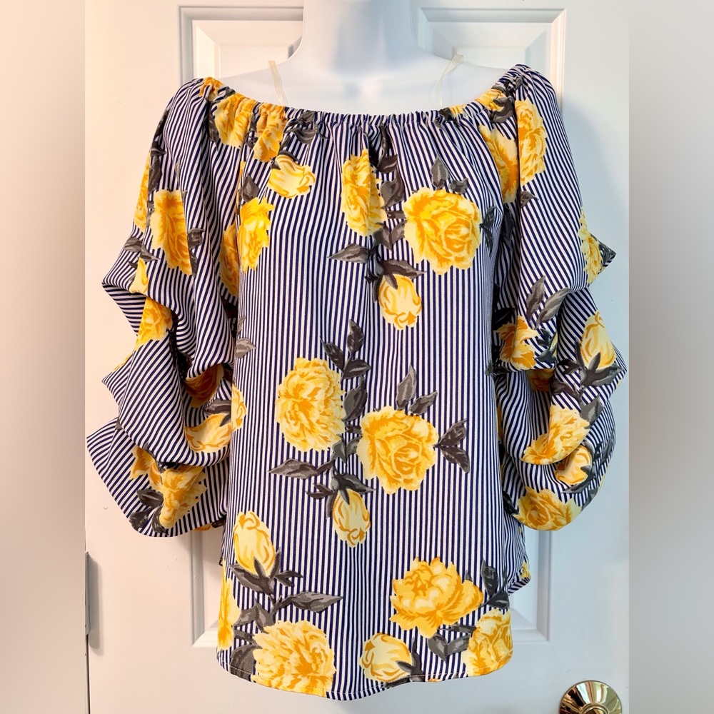 Floral Off-Shoulder Blouse with Yellow Roses and Blue Stripes